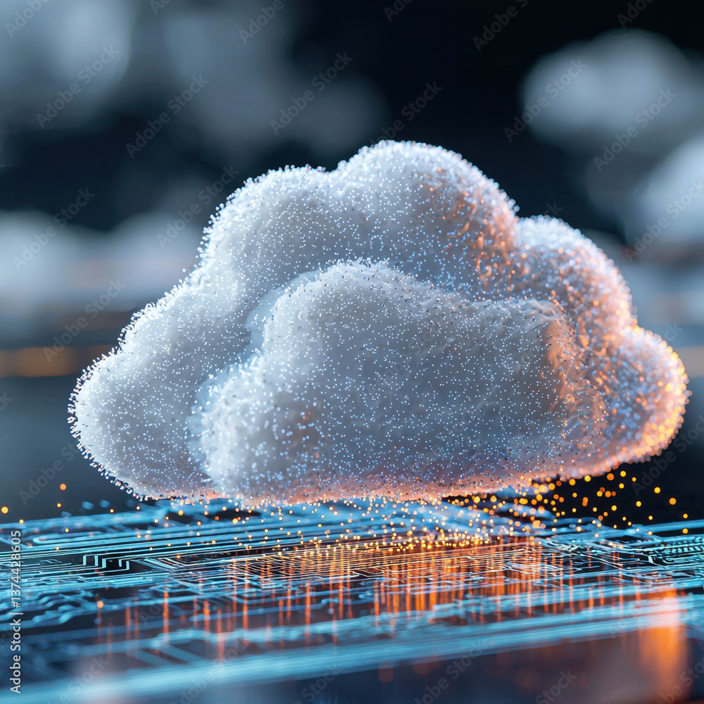 Poster abstract cloud data concept glowing particle cloud above circuit board