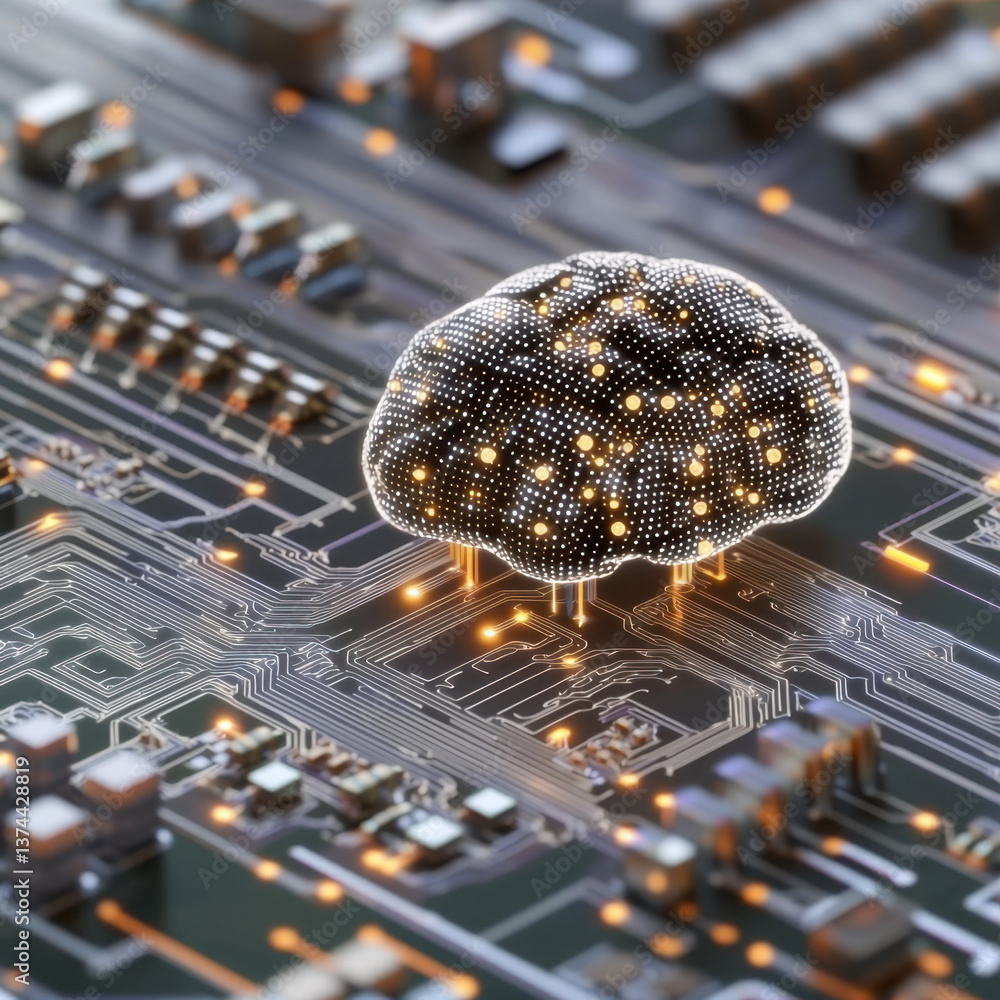 Poster abstract digital brain on circuit board glowing nodes dark background