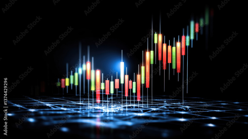 Poster abstract financial chart rising colorful bars and lines on dark tech background