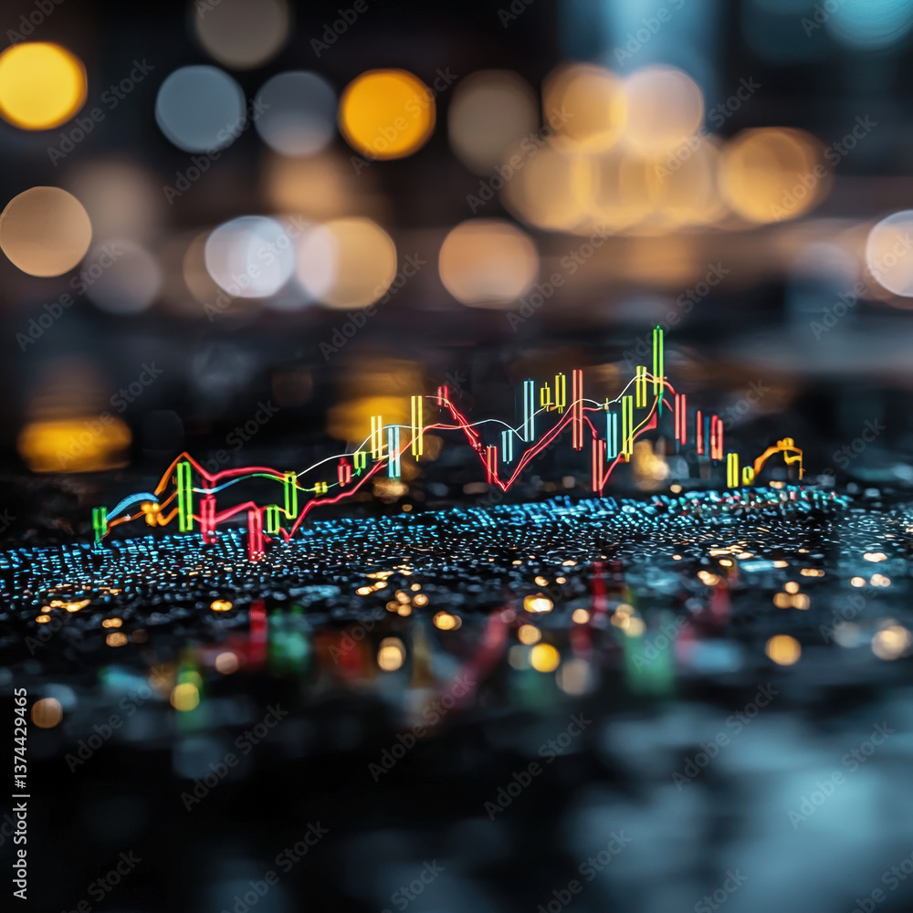 Poster abstract financial chart with colorful lines and bokeh lights