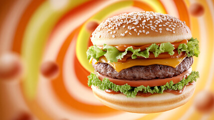 juicy hamburger with lettuce, cheese, and tomato is set against vibrant, swirling background, creating dynamic and appetizing visual. sesame seed bun adds texture