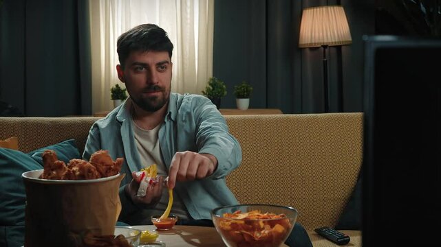 Bearded man spending time at home with fast food delivery, sits on couch watching movie on tv, smiling and eating fried potatoes with sauce. Slow motion