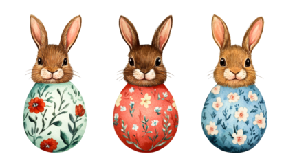 Cute Easter bunnies with floral eggs pattern, cut out transparent