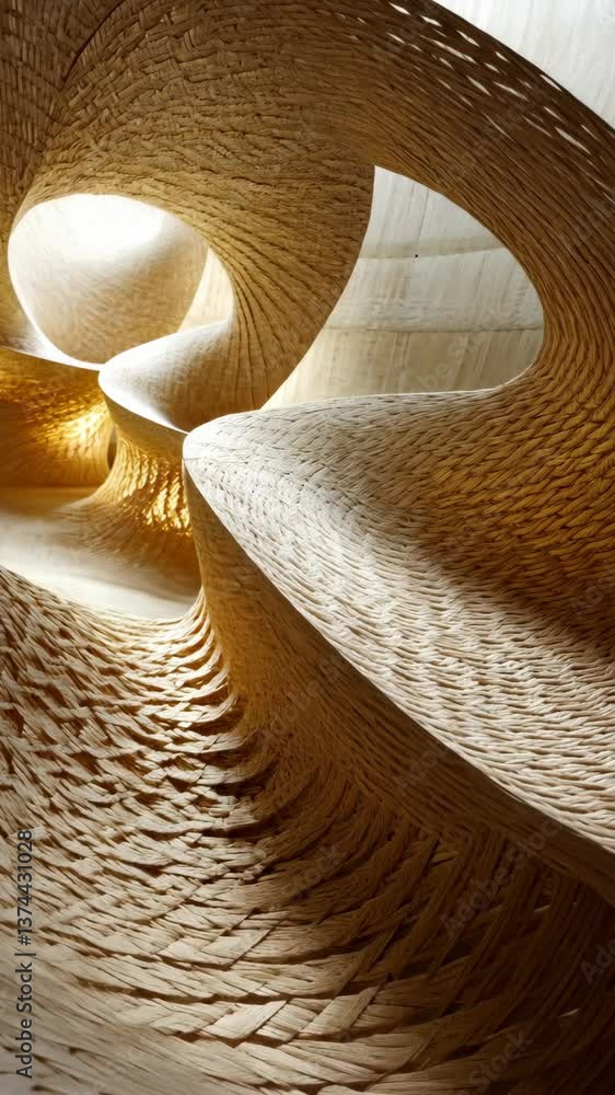 Poster intricate weaving design creates an abstract sculpture in a softly lit interior space with elegant c