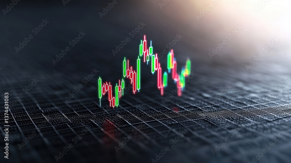 Poster abstract stock market graph 3d rendering red green candlestick charts dark grid background