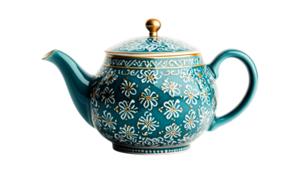 Elegant turquoise teapot with gold accents and floral design, cut out transparent