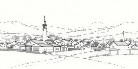 Fototapeta premium Minimalist Sunrise A Simple Line Art Drawing of a Village at Dawn