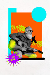 Template collage design trend artwork 3D sketch of aged man beard hand hold guitar play music concert weekend occasion rest nightclub