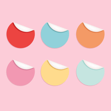 Set of Multicolor Circle Adhesive Sticker Mockup. Round Paper Tag with Peeling Corner and Shadow Isolated Realistic Template on Pink Background
