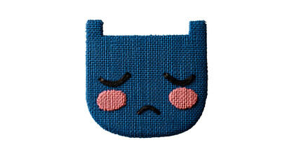 Textile sadness, blue embroidered face with pink cheeks, cut out transparent
