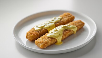 Breaded fish sticks with mustard sauce on plate