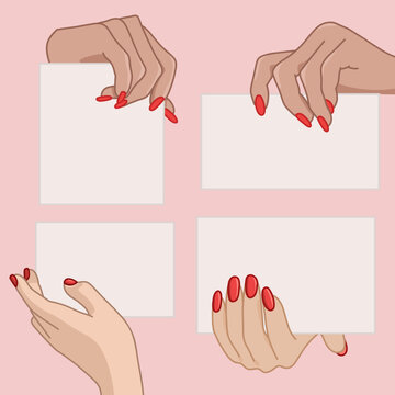 Minimalist Set of of Women's Hands Holding Blank Cards Template with Space for Text or Business Logo