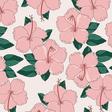 Seamless Tropical Floral Pattern with Pink Hibiscus Flowers and Green Leaves