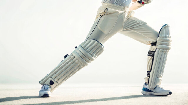 Cricket player's lower body in batting stance with protective pads and sports shoes on bright background emphasizing readiness and balance in sporting posture with copy space - Powered by Adobe