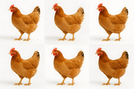 Clucking Ensemble: Six brown chickens stand proudly against a seamless backdrop, presenting a study in avian elegance, each bird displaying unique posture