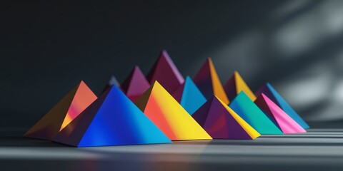Colorful pyramid shapes arranged closely together on a dark surface.