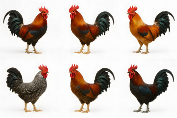 Rooster Variety: A vibrant display of six diverse roosters, each showcasing unique plumage patterns and colors against a minimalist backdrop, representing the beauty of avian diversity.
