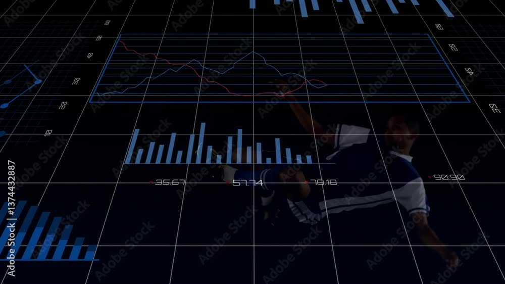 Poster kicking soccer ball, player with data animation and graphs overlay in background
