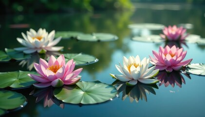 Water lilies form a delicate floral pattern across tranquil lake, nature, floral