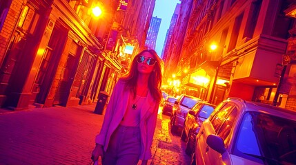 Obraz premium Woman walking in city street at night. Cars parked, building lights shining in background