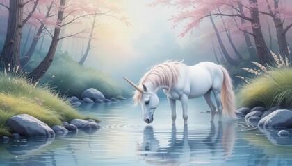  Pastel Unicorn Creek Delicate Wallpaper of a Unicorn Drinking from a Watercolor Styled, Gently Flowing Stream