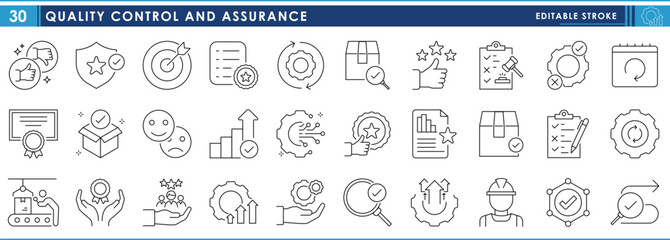 A set of line icons related to Quality Control and Assurance. Law, production, checkmark, award, certificate, feedback, lens, inspector, and so on. Vector editable stroke.