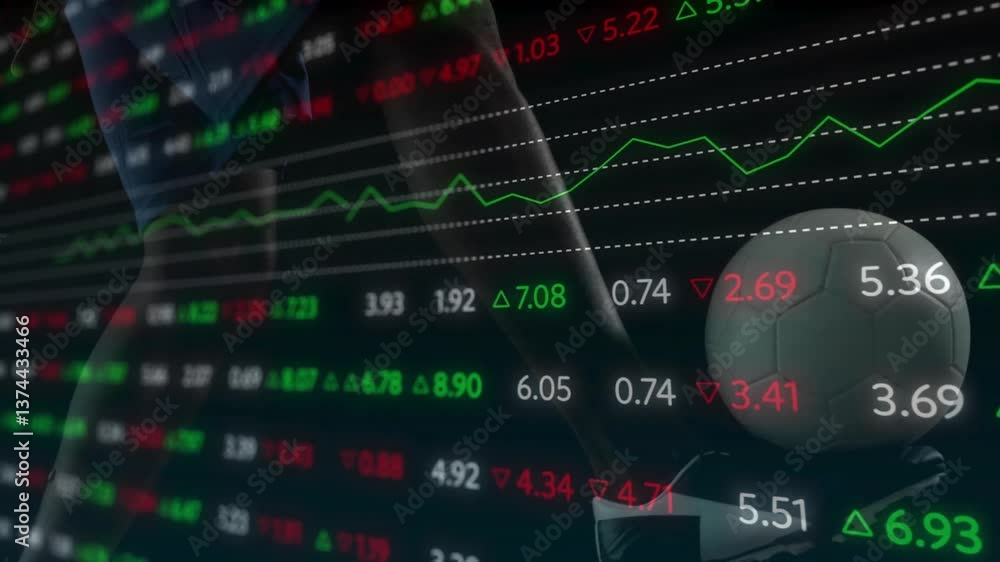 Poster animation of stock market data and graphs overlaying soccer ball and player moving
