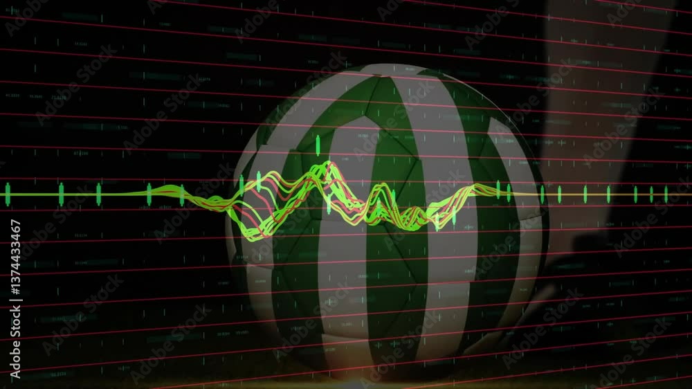 Poster green and white sphere with animation of fluctuating data lines on dark background