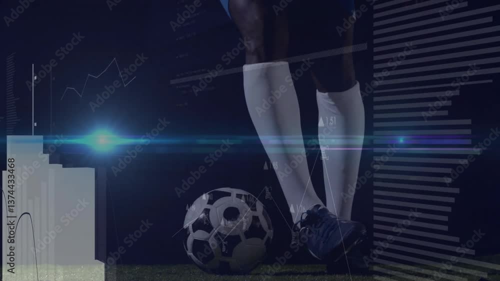 Poster holding soccer ball, player with animation of data visualization on dark background