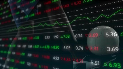 Animation of stock market data and graphs overlaying soccer ball and player moving - Powered by Adobe
