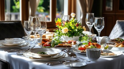 Elegant Table Setting with Gourmet Food and Beautiful Floral Centerpiece