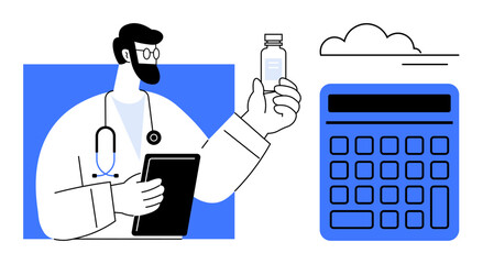 Doctor holds medication bottle, reviews digital tablet near a large calculator. Ideal for healthcare, medical research, pharmaceuticals, technology in medicine, telemedicine, cost analysis