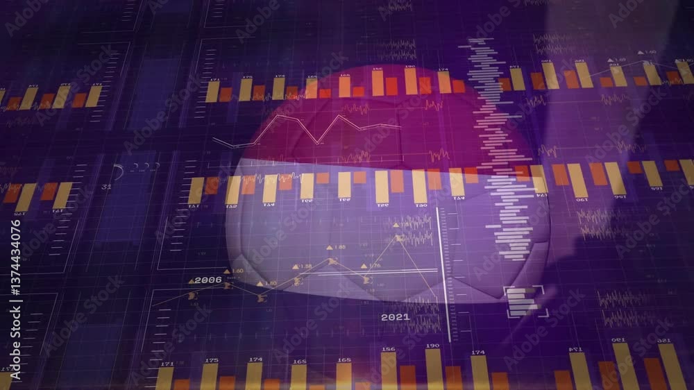 Poster animation of bar and line graphs with data points on purple background