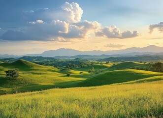 Fototapeta premium Picturesque countryside landscape with rolling hills and lush green grass at sunset