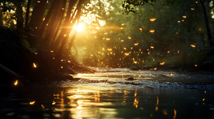 Naklejka premium Fireflies glimmering above a quiet stream, their tiny lights illuminating the gentle flow of water, creating a peaceful, otherworldly scene at dusk.