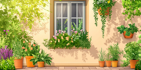 Charming Garden Window Surrounded by Colorful Potted Plants and Cascading Greenery