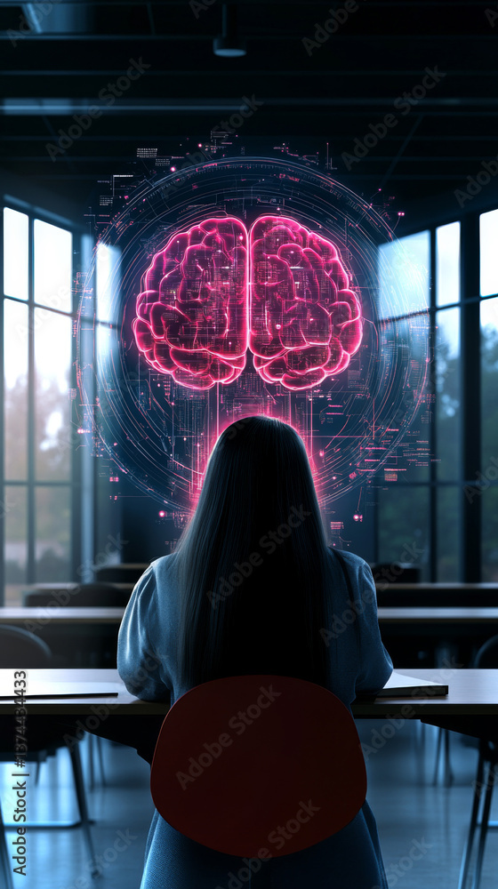 Poster student learns through innovative neural technology in a futuristic classroom environment