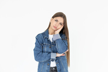 Fototapeta premium Image of sad casual girl, woman sulking and frowning disappointed, standing upset and distressed against white background