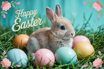 Adorable Baby Bunny Sitting Among Pastel-Colored Easter Eggs on a Vibrant Turquoise Background Perfect for Easter-Themed Designs Spring Celebrations Holiday Marketing and Cute Animal Stock Photography