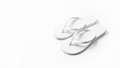 Pair of white flip-flops, isolated on bright white backdrop, straps, footwear accessories