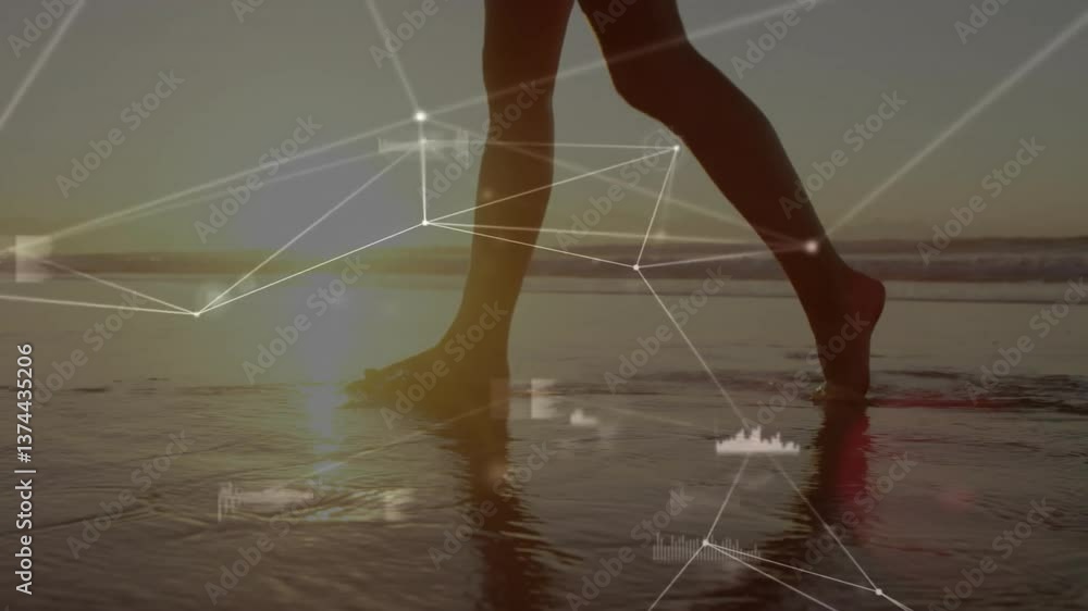 Aufkleber network of connections and data processing animation over person walking on beach