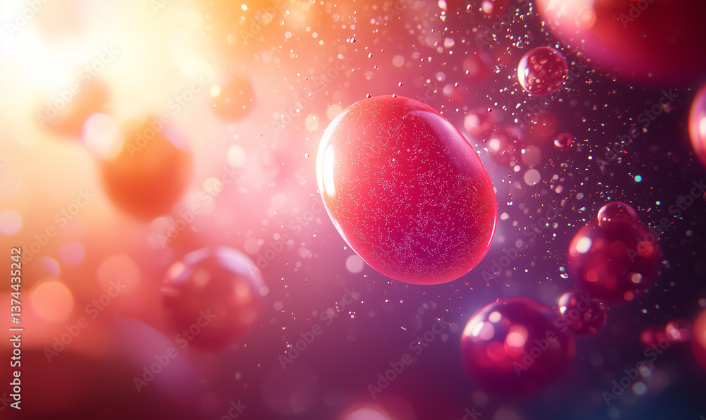 Poster a vibrant, abstract representation of floating spheres with sparkling effects, resembling drops or b