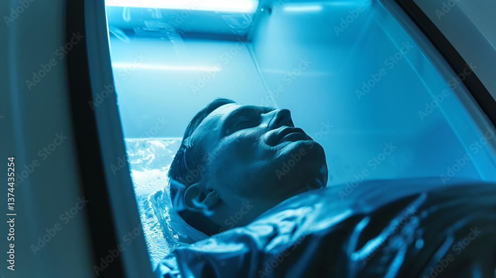 Poster this person in cryosleep rests in a high-tech chamber demonstrating advanced preservation.