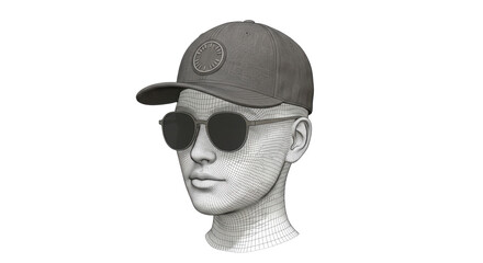 Isolated Wireframe Head with Cap and Sunglasses
