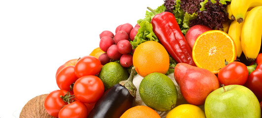 Collection fruits and vegetables isolated on a white background.