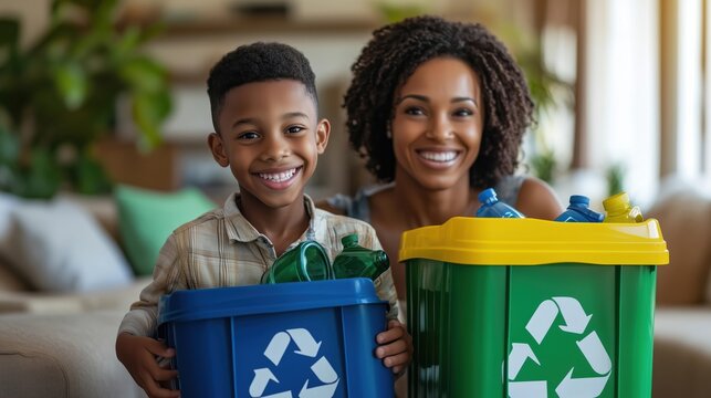 Mother and son smiling while holding recycling bins filled with plastic bottles at home, promoting sustainability.