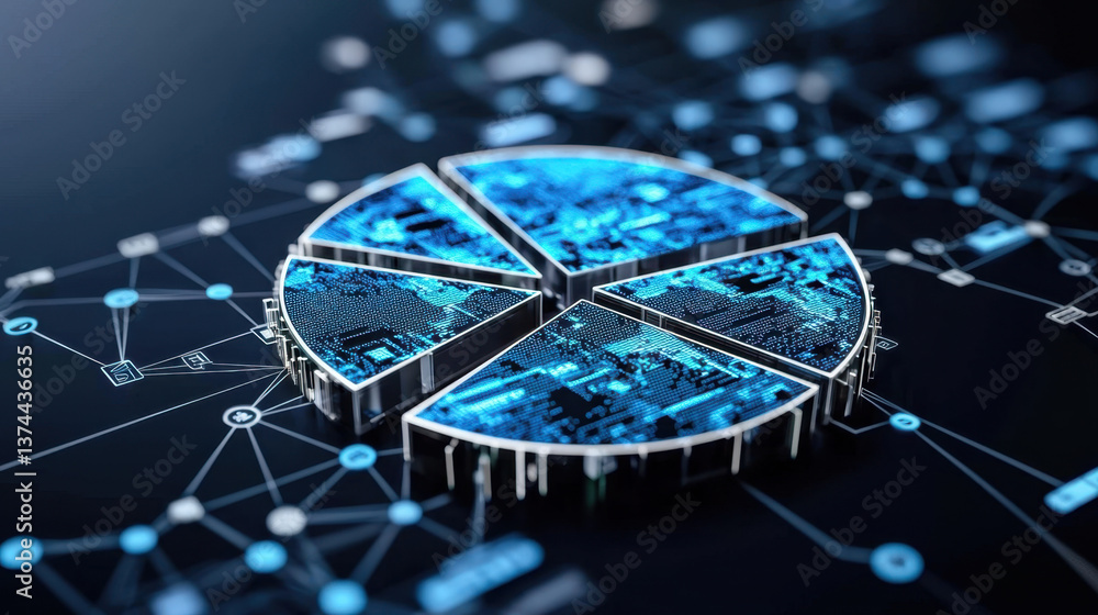 Aufkleber glowing blue 3d pie chart data visualization on dark network background