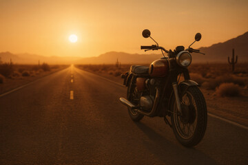 Vintage Motorcycle on Desert Road at Sunset

