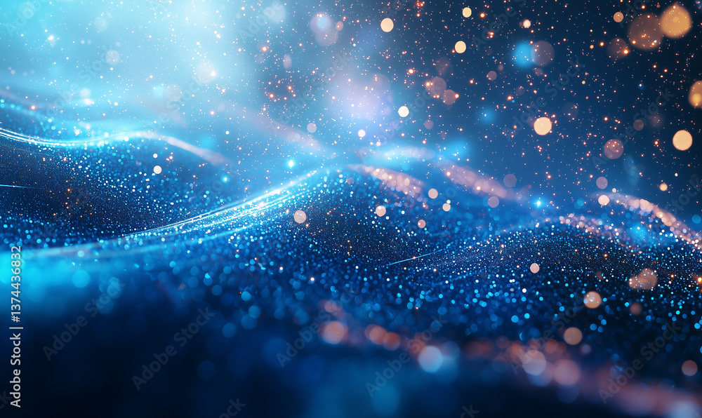 Poster dynamic waves of blue light sparkling in a night sky digital art abstract environment close-up view 