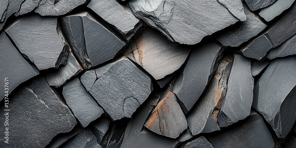 Aufkleber cracked black rock texture, featuring abstract pieces of gray stone slate, creating a rugged and dyn